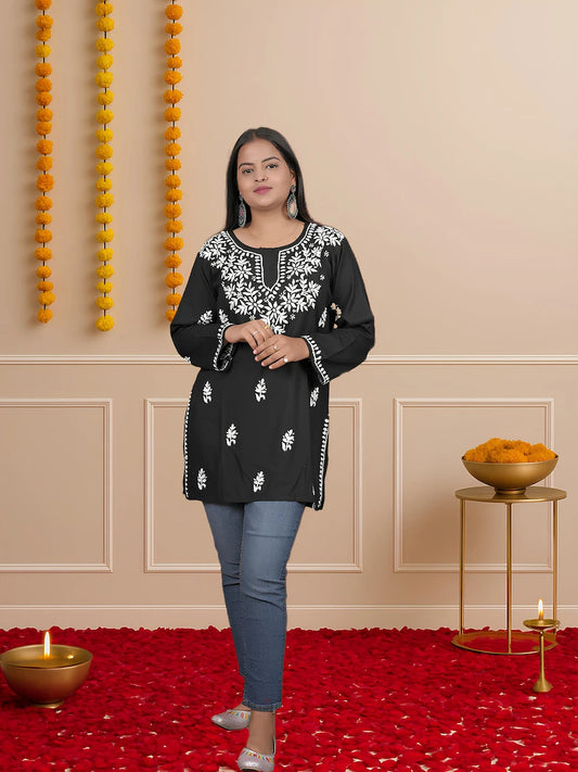 Black short-length Chikankari kurti featuring handcrafted white thread work

