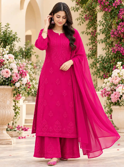 Rayon Chikankari Embroidered Kurta Palazzo Set with Dupatta