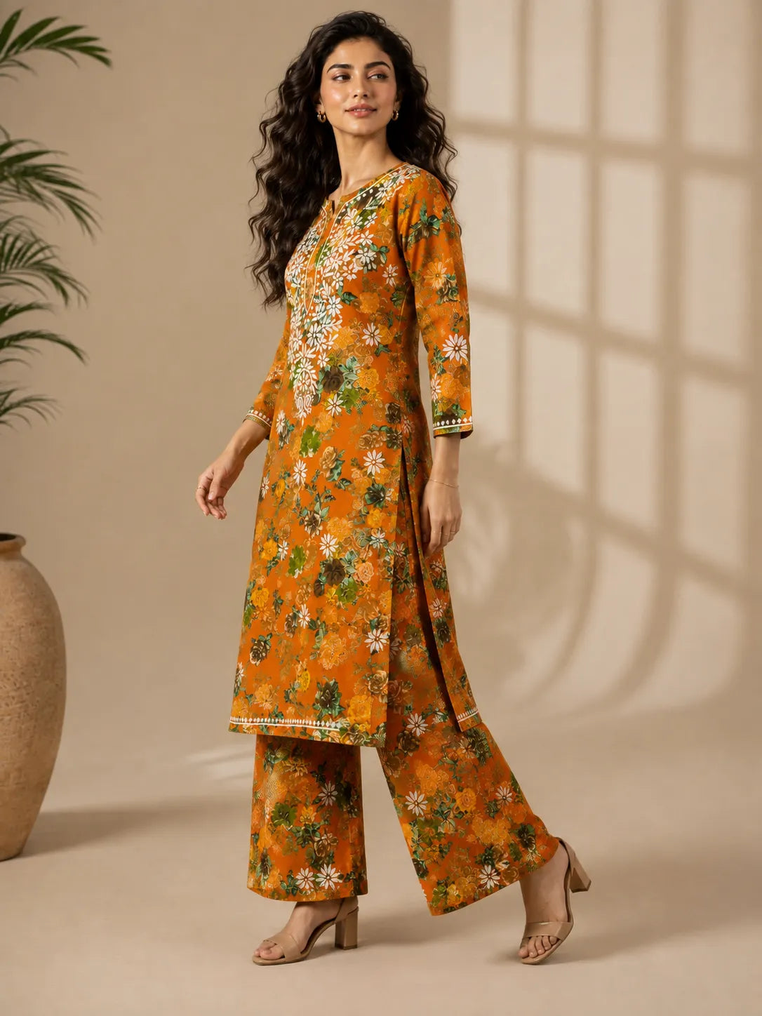 Full-length Malmal Cotton printed ethnic kurta set for women
