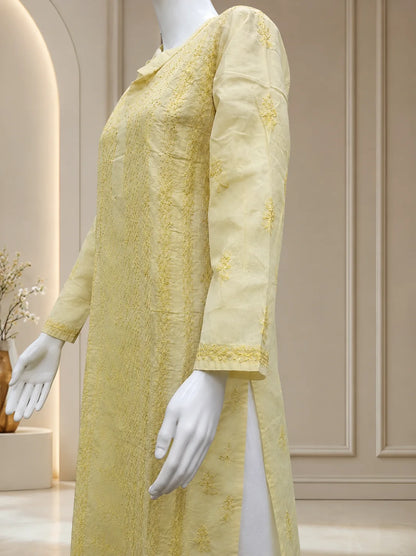 Full-length pastel yellow Lucknowi Chikankari cotton kurti for women