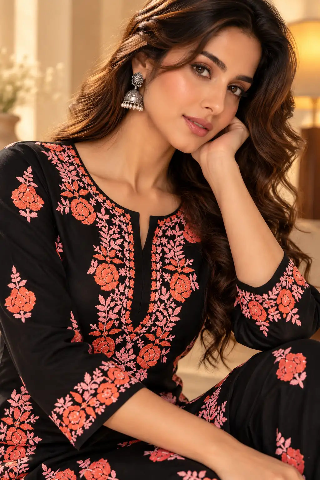 Dniza Floral Embroidered Rayon Kurta Palazzo Set for Women