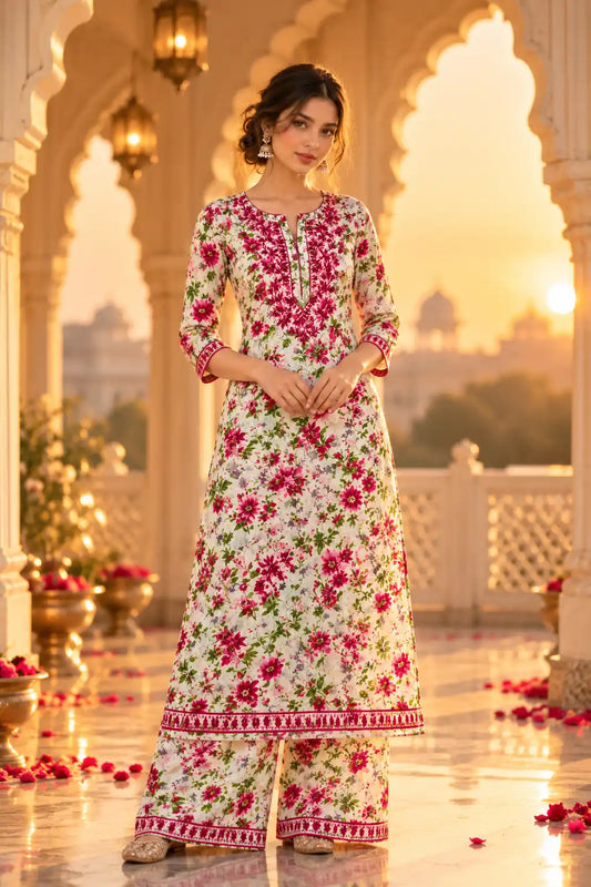 Dniza Pink Floral Mulmul Cotton Kurta Palazzo Set for Women