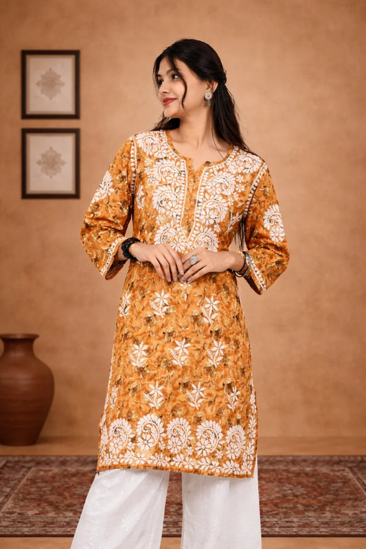 Golden mustard floral handblock malmal cotton kurti for women