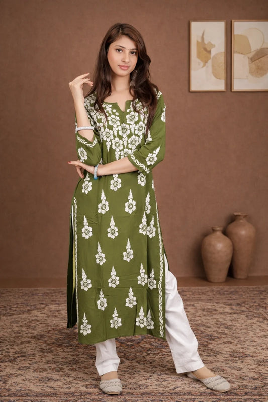 Grace in Green: Rayon Chikankari Kurti 