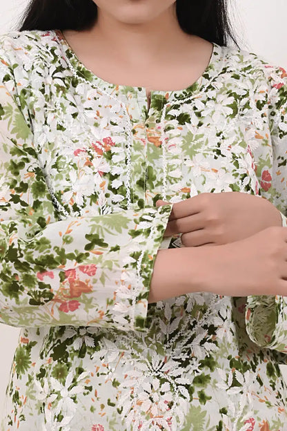 Green Chikankari malmal kurta front work