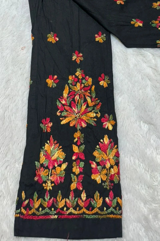 Hand-embroidered black lycra chikankari pant with floral multicolor design