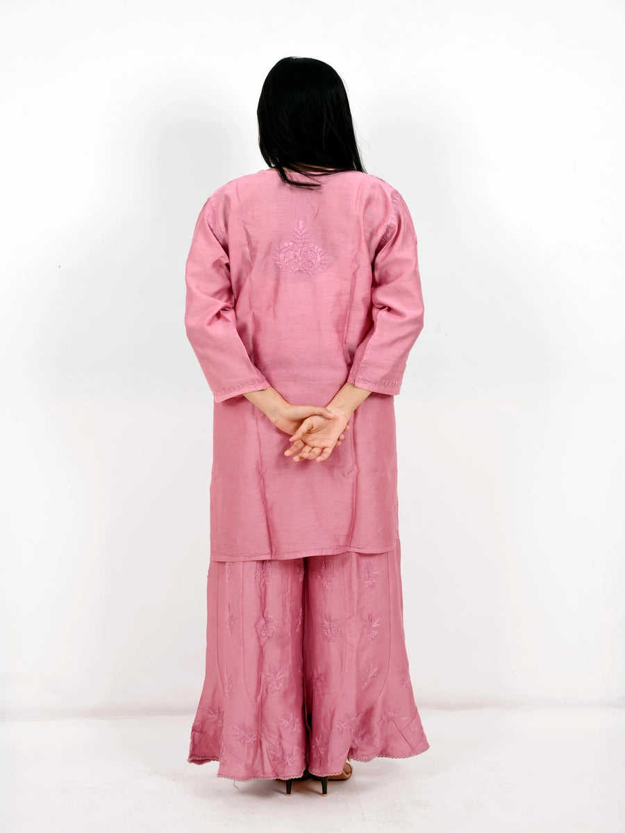 Hand-embroidered dusty rose pink Chanderi Chikankari plazo suit with long kurti – Dniza Chikankari