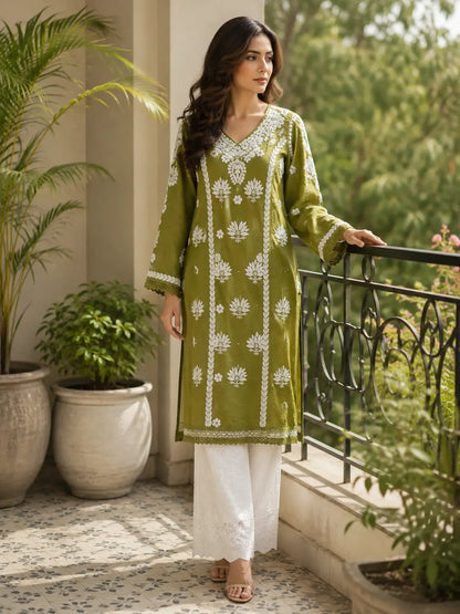 Hand embroidered olive green Chanderi kurti front view