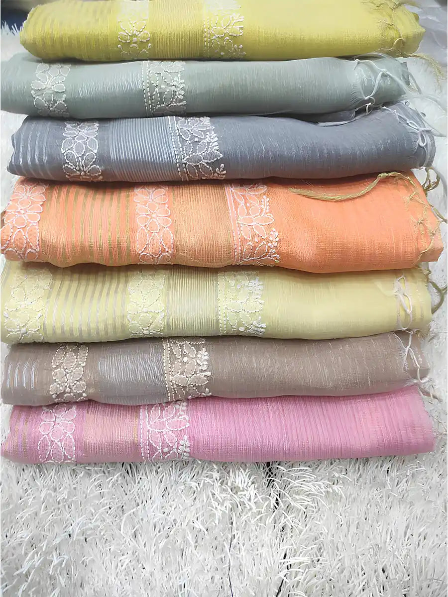 Handcrafted Chanderi Saree Featuring Delicate Tone-on-Tone Chikankari Work on Lining Base Fabric

