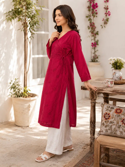 Handcrafted Chikankari Embroidery on Maroon Red Chanderi Angrakha Kurti