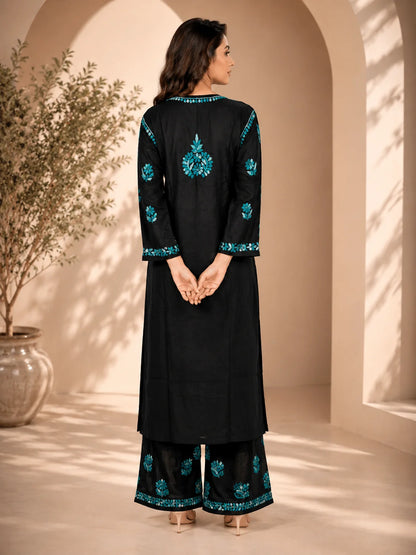 Handcrafted Lucknowi Chikankari Modal Co-Ord Set with Wide-Leg Palazzo