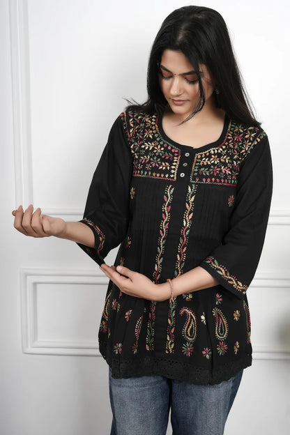 Classic black Chikankari short kurti with Lucknowi embroidery details

