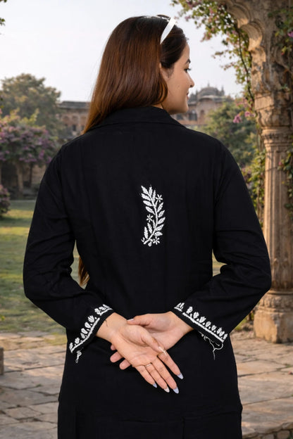 Handcrafted black kurti set in rayon cotton featuring detailed white Chikankari floral patterns