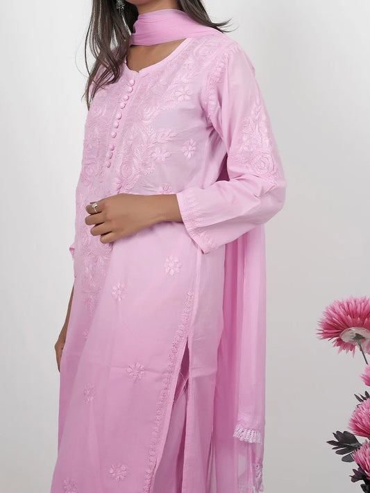 Handcrafted pink Chikankari kurti set with matching pants and dupatta, featuring fine embroidery

