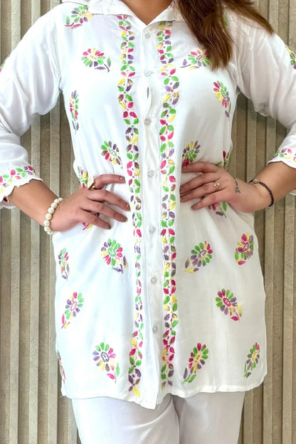 Handcrafted white Chikankari rayon set with black thread detail
