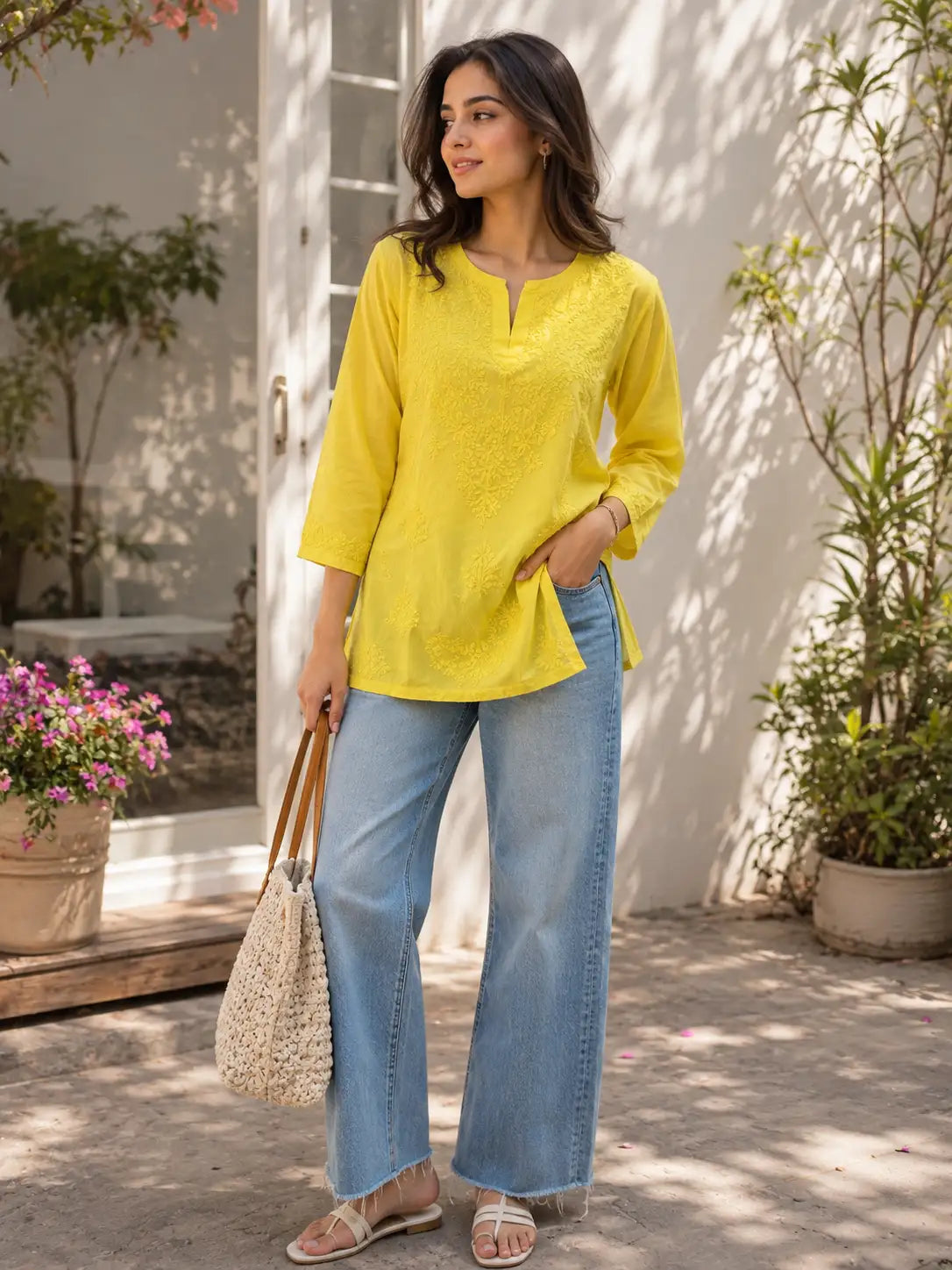 Handcrafted yellow chikankari short kurti front view