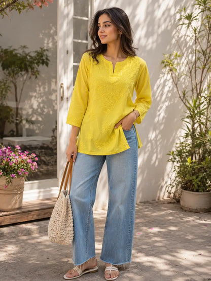 Handcrafted yellow chikankari short kurti front view