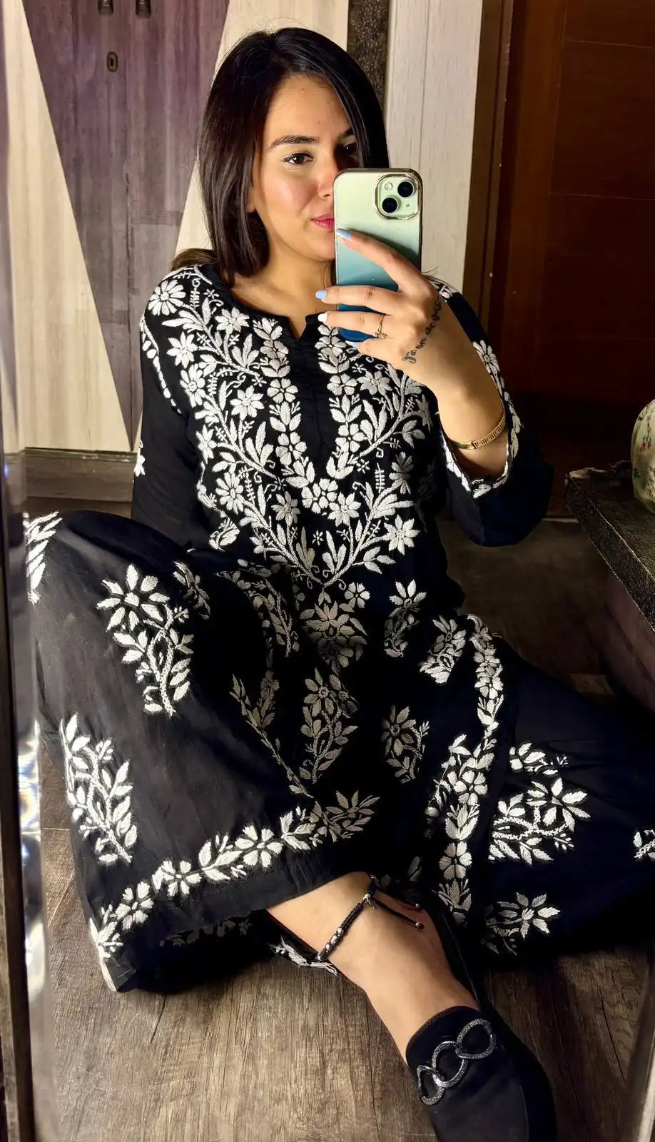Heritage Bloom black modal kurta set with heavy big buta embroidery and matching plazo