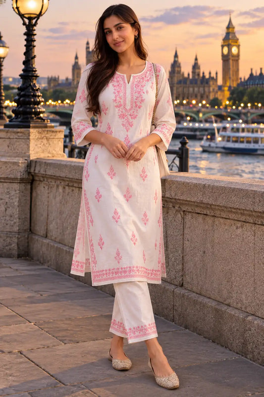 A woman stands on a stone bridge in London at sunset wearing a white traditional kurta set with pink floral embroidery and matching pants. The background shows Big Ben and the Thames with boats.