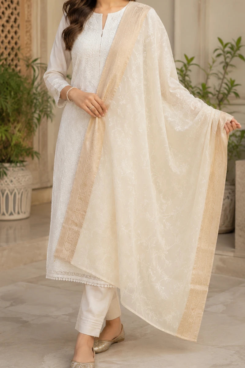 Ivory Mal Chanderi Dupatta with Full Jaal Embroidery and Banarasi Border