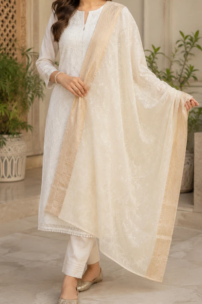 Ivory Mal Chanderi Dupatta with Full Jaal Embroidery and Banarasi Border
