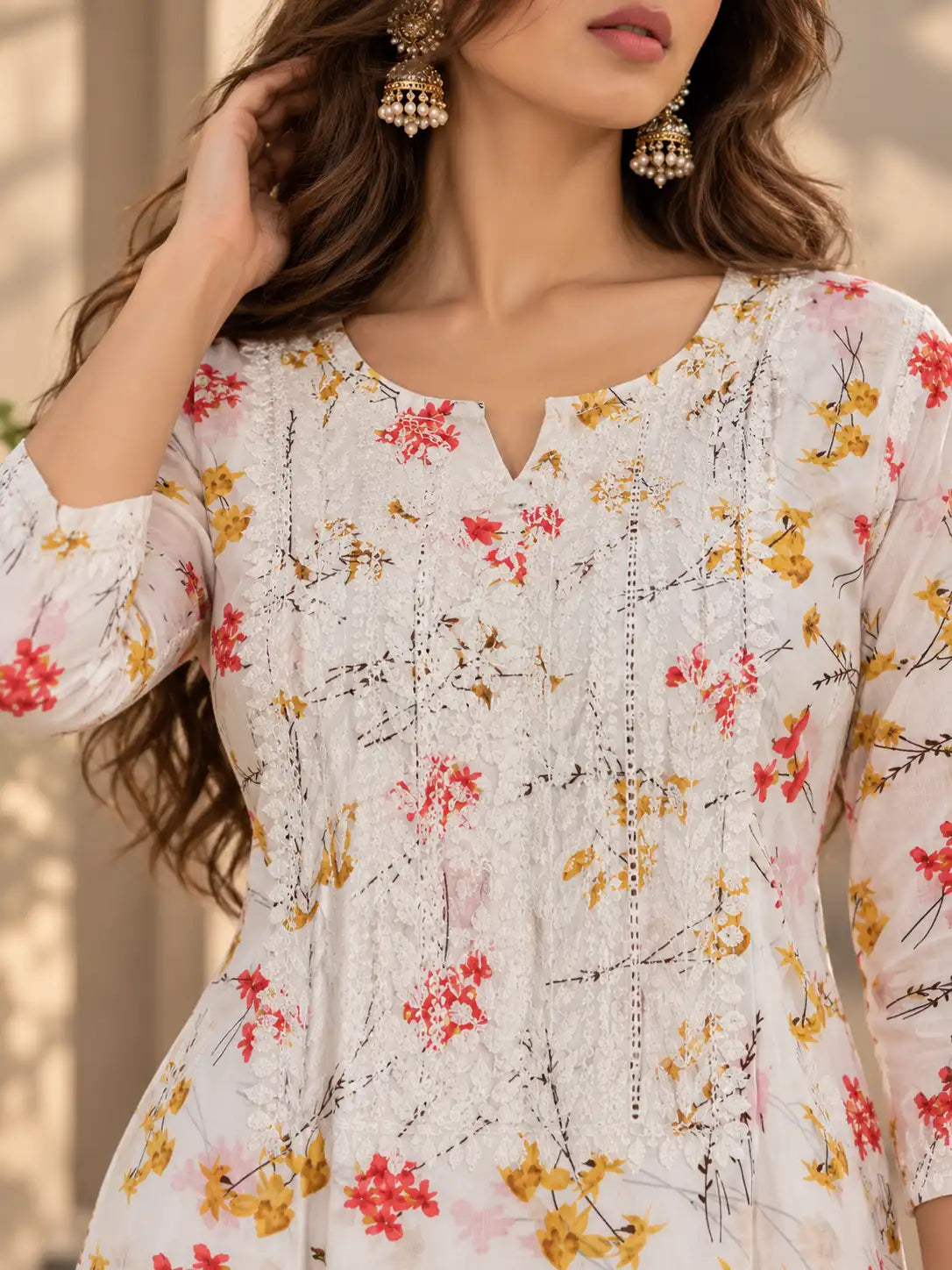 Ivory White Mulmul Cotton Kurti with Floral Print