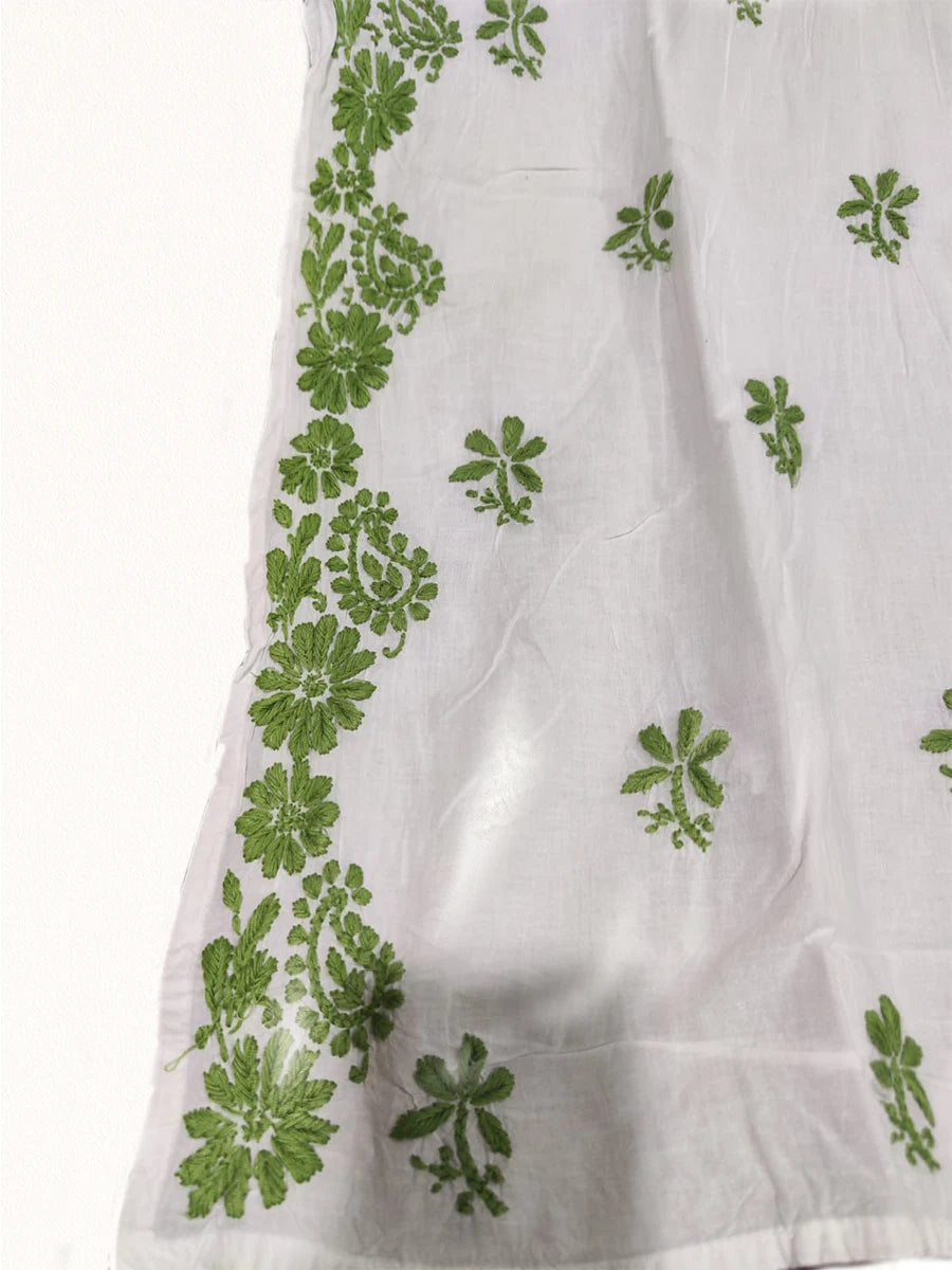 Long Kurti – Fine Mal Cotton with Color Thread Ghaspatti Work (White Base)