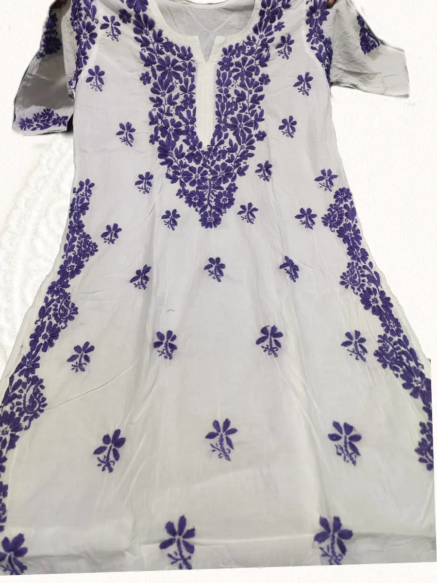 Long Kurti – Fine Mal Cotton with Color Thread Ghaspatti Work (White Base)