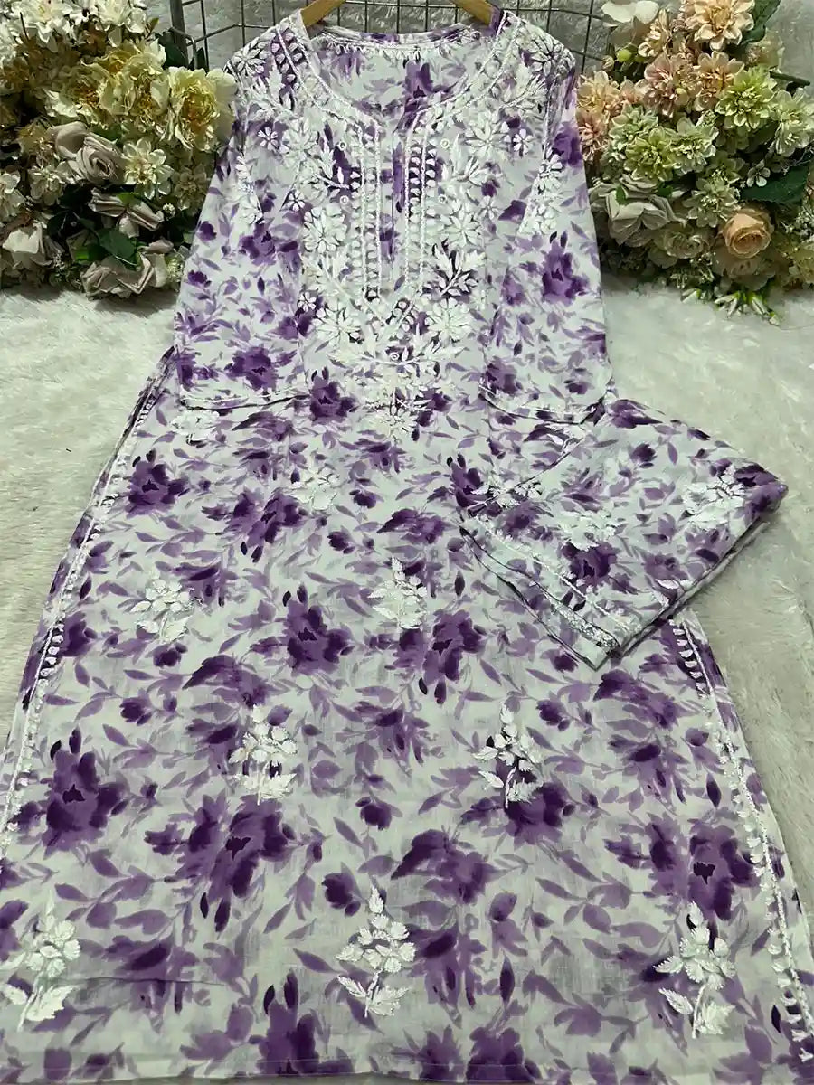 Lavender Bloom Purple – Light lavender base with deep purple floral print and white embroidery