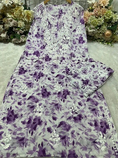 Lavender Bloom Purple – Light lavender base with deep purple floral print and white embroidery