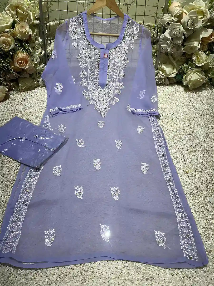 Lavender Blue Mirror Embroidered Kurti with Matching Inner 