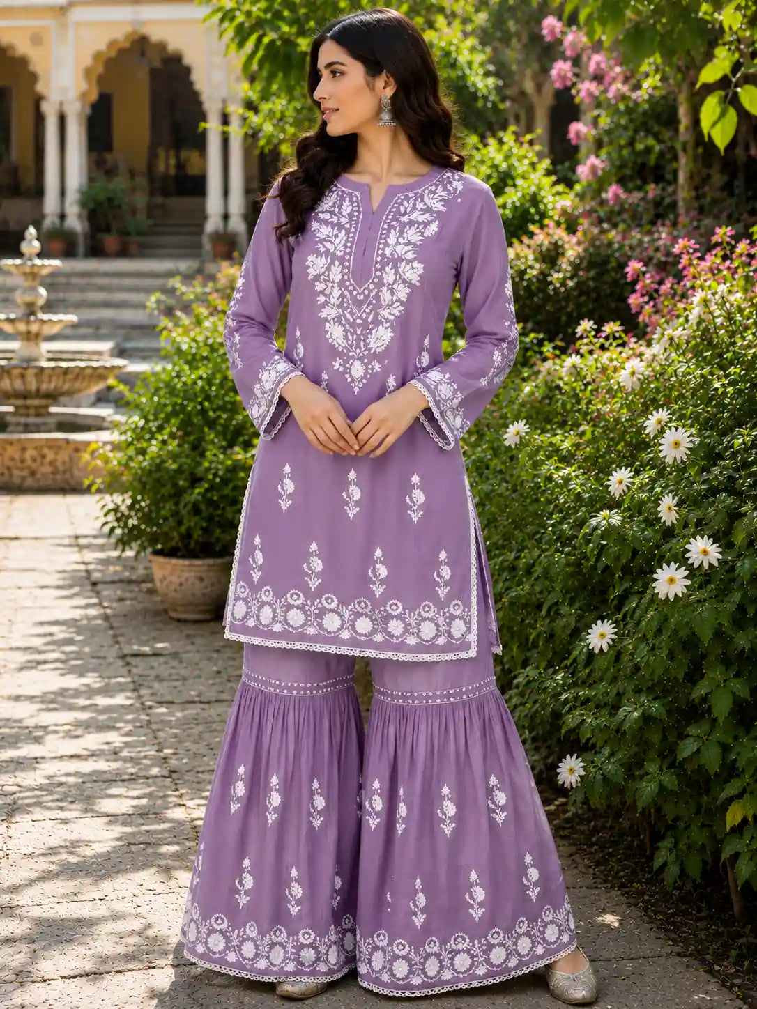 Lavender Rayon Chikankari Garara Set for Women