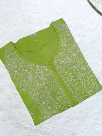 Leaf green Rubiya Cotton short top featuring elegant white booti and neck embroidery with Anchor thread