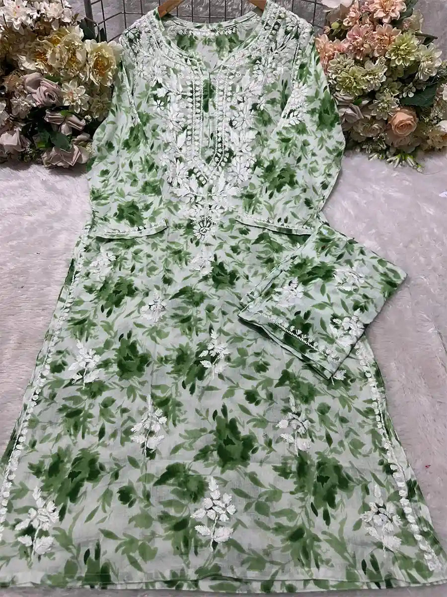 Leafy Meadow Green – Light green base with dark green floral print and white embroidery
