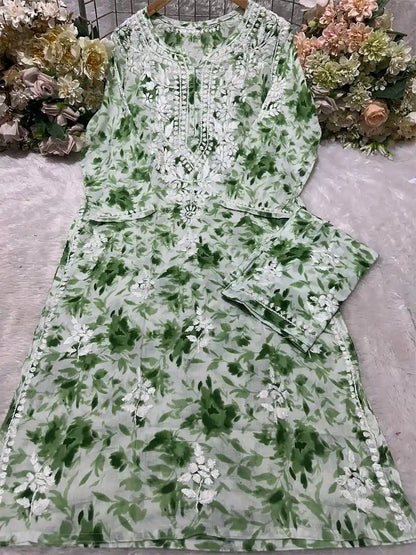 Leafy Meadow Green – Light green base with dark green floral print and white embroidery