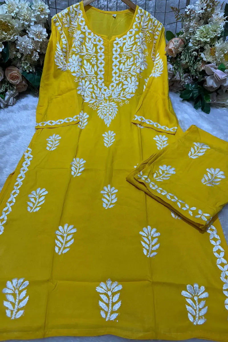 Lemon yellow rayon Chikankari kurti set with white threadwork