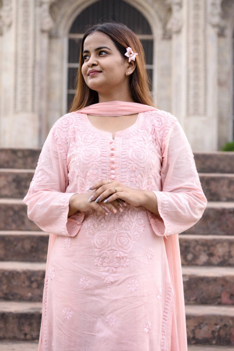 Light blush pink cotton malmal embroidered kurti with dupatta for women