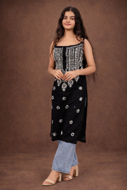 Long spaghetti kurti for women styled with jeans and chikankari work
