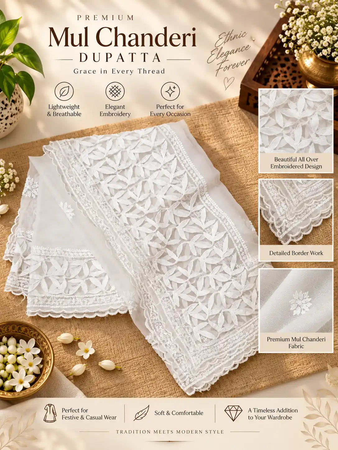 White Mul Chandiri Dupatta with intricate floral embroidery and scalloped borders, displayed on a burlap background with decorative props and detail inset images.