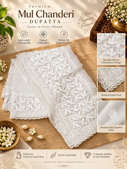 White Mul Chandiri Dupatta with intricate floral embroidery and scalloped borders, displayed on a burlap background with decorative props and detail inset images.