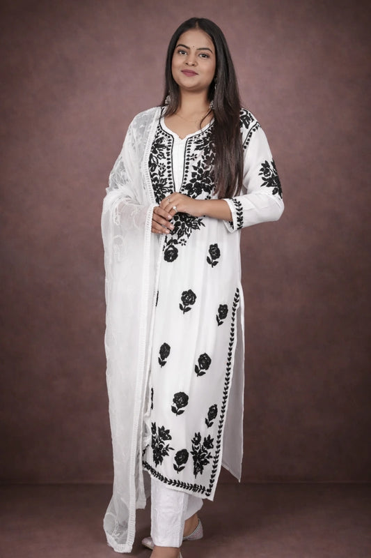 Lucknow White Chikankari Kurti with Black Rose Embroidery - Dniza Chikankari