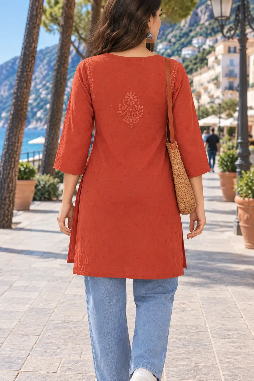 Lucknowi Chikankari Embroidered Dobby Cotton Short Kurti
