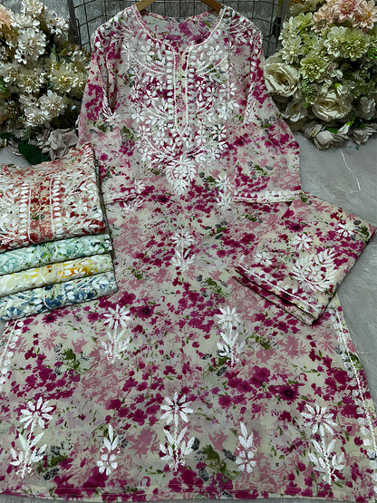 Magenta floral mul mul kurti and palazzo set with soft cotton texture and embroidery