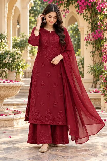 Rayon Chikankari Embroidered Kurta Palazzo Set with Dupatta