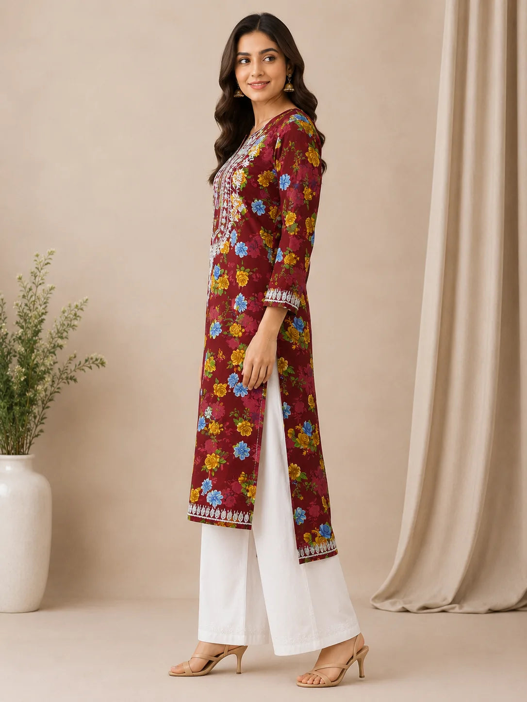 Maroon Floral Malmal Cotton Kurti for Women