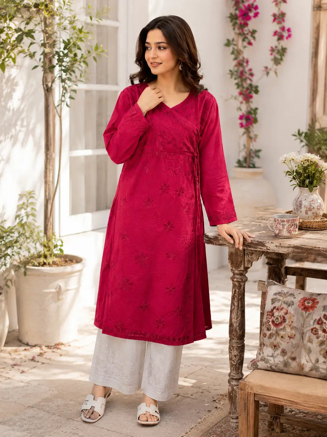 Maroon Red Chikankari Chanderi Angrakha Kurti for Women