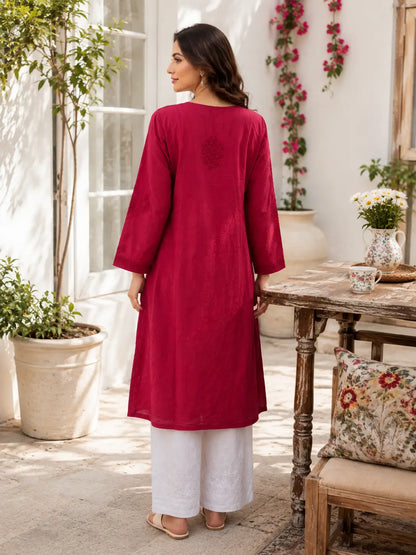 Maroon Red Lucknowi Chikankari Angrakha Kurti with White Palazzo