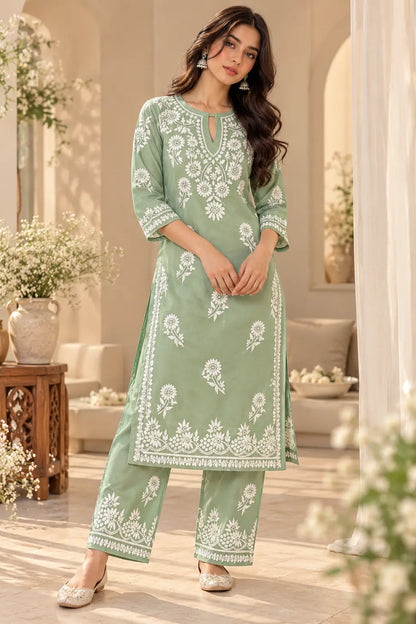 Mint Green Floral Embroidered Kurta Palazzo Set