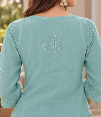 Mint Green Floral Embroidered Rayon Kurta Palazzo Set