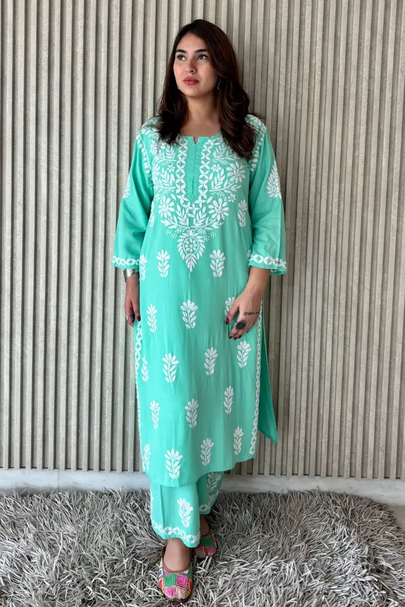 Mint green rayon Chikankari kurti set for women with white threadwork